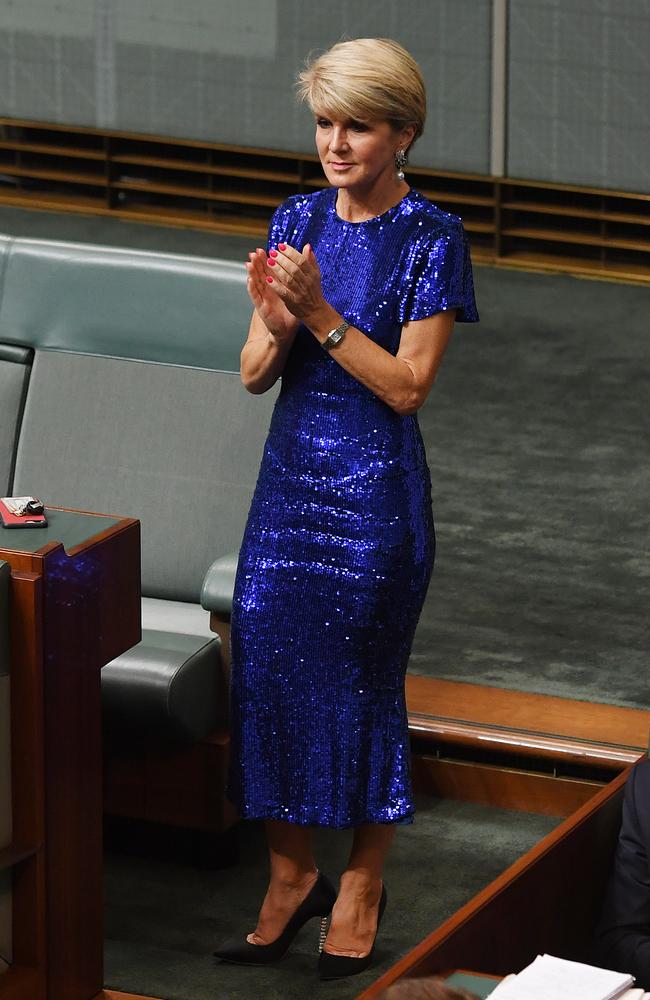  Julie Bishop joins in the standing ovation for Treasurer Josh Frydenberg after he delivered the budget in the House of Representatives. Picture: Getty