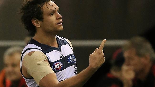 Steven Motlop celebrates a remarkable banana goal but the Cats wasted too many opportunities. Picture: Wayne Ludbey