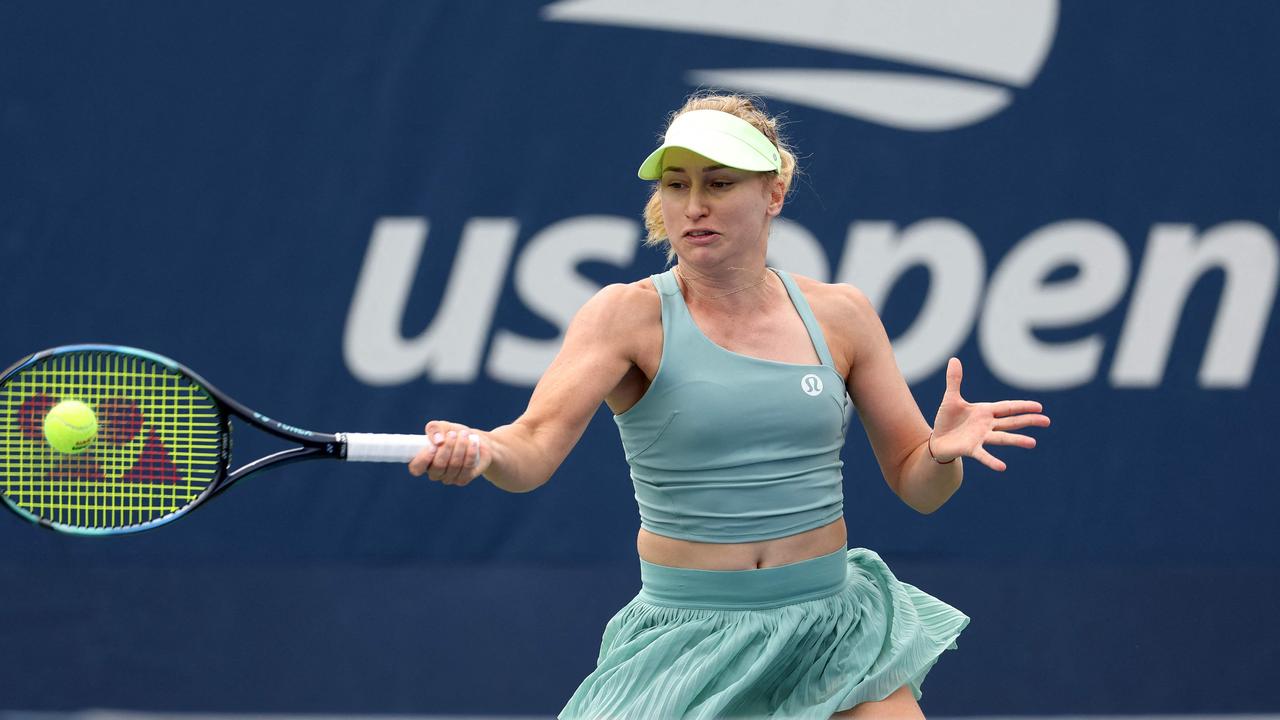 Daria Saville takes down Clervie Ngounoue at the US Open. Picture: Matthew Stockman / Getty Images North America / Getty Images via AFP