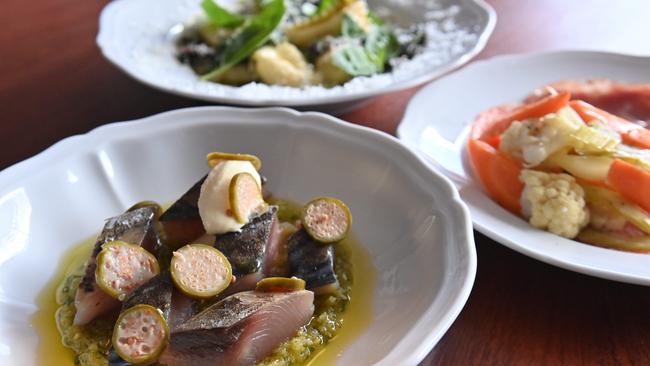 Seasonal Fish Crudd, three cheese agnolotti, (left) rainbow chard, herbs and pecorino and (right) salumi &amp; giardiniera (pickled veggies). Picture: Keryn Stevens