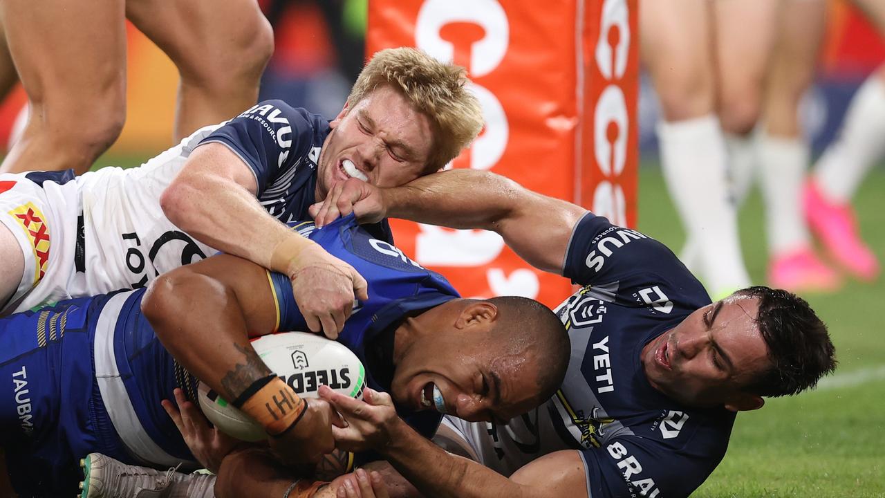 Joe Ofahengaue of the Eels scores a try during the round six NRL match between Parramatta Eels and North Queensland Cowboys. Picture: Getty Images