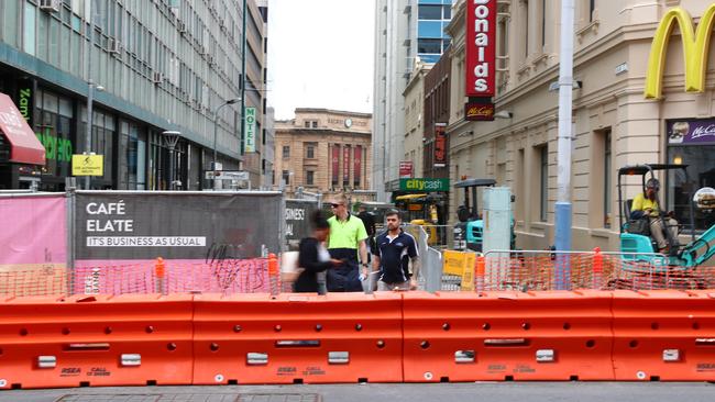 Construction work on a blocked Bank St. Picture: Simon Cross