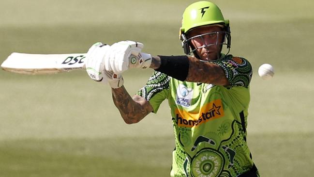 MELBOURNE, AUSTRALIA - JANUARY 10:  Alex Hales of the Thunder bats during the Men's Big Bash League match between the Hobart Hurricanes and the Sydney Thunder at Melbourne Cricket Ground, on January 10, 2022, in Melbourne, Australia. (Photo by Darrian Traynor/Getty Images)