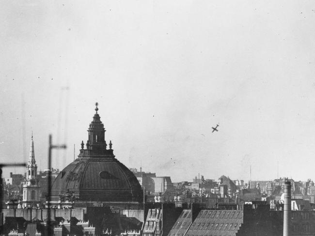 German V-1 rocket bomb over London during World War II.