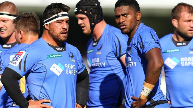 PERTH, AUSTRALIA - APRIL 09: Pek Cowan and Isireli Naisarani of the Force look on during the round seven Super Rugby match between the Force and the Kings at nib Stadium on April 9, 2017 in Perth, Australia.  (Photo by Paul Kane/Getty Images)