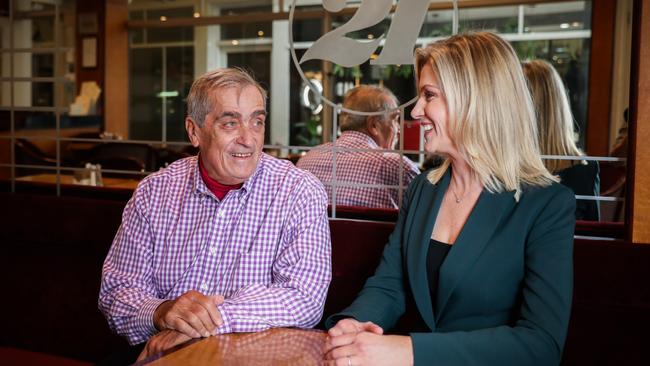 Karen Freyer chats to George Schiffer, owner of 21 Espresso in Double Bay. Picture: Renee Nowytarger