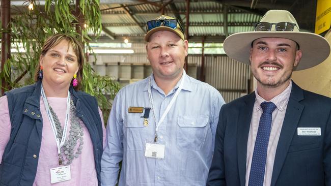 (from left) Kylie Welke, Adam Jannusch, chief poultry steward and Ben Westhead, Crows Nest rural ambassador at the Toowoomba Royal Show. Saturday, March 26, 2022. Picture: Nev Madsen.