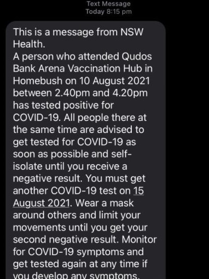 A text from NSW Health was sent out to people who ha been at the site. Picture: Twitter