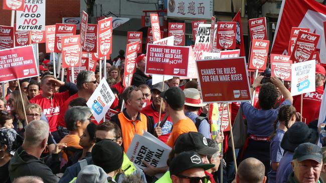 The protest started at 10am at Trades Hall. Picture: David Crosling