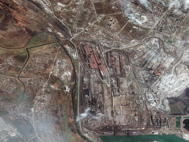 This file satellite image released on April 12, 2022, by Maxar Technologies shows an overview of Azovstal iron and steel works factory in eastern Mariupol.