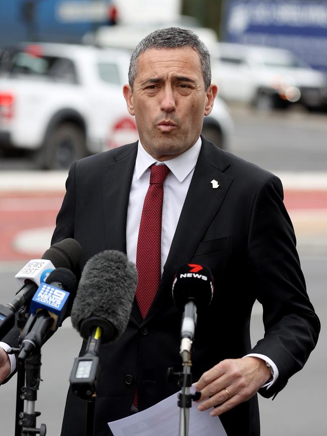 Transport Minister Tom Koutsantonis speaking to media about preventing truck accidents on the downtrack of the South Eastern Freeway. Picture: NCA NewsWire / Kelly Barnes