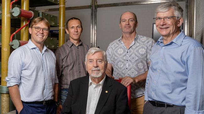 Laser fusion pioneer Prof Heinrich Hora (centre) with (from left) HB11 co-founder Dr Warren McKenzie, Macquarie University and UNSW collaborators and Alex Fuerbach and Prof Francois Ladouceur, HB11 Energy Director and former ANSTO CEO Dr Adi Paterson. Picture: Supplied