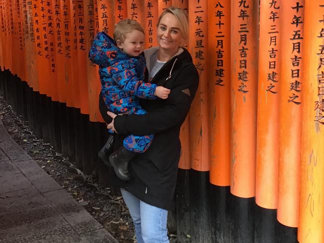 Amanda with her son Bobby in Kyoto, Japan, on her honeymoon. Picture: Supplied