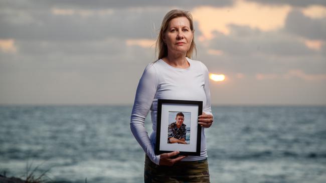 Adelaide's Julie-Ann Finney with a photograph her late veteran son David, who took his own life in 2019 after a battle with PTSD and depression. Picture: Matt Turner