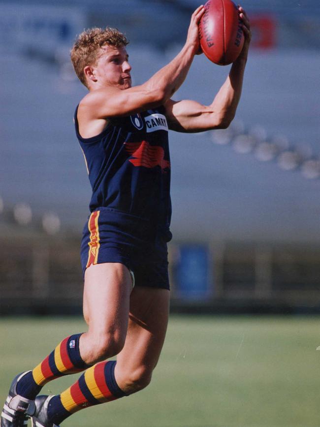 Matthew Powell at Crows training at Football Park in 1993. Picture: Nicholas Wilson