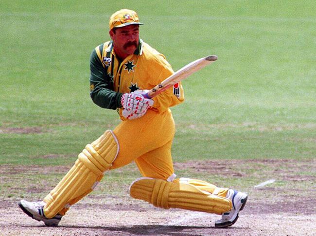 David Boon attempts a sweep shot.