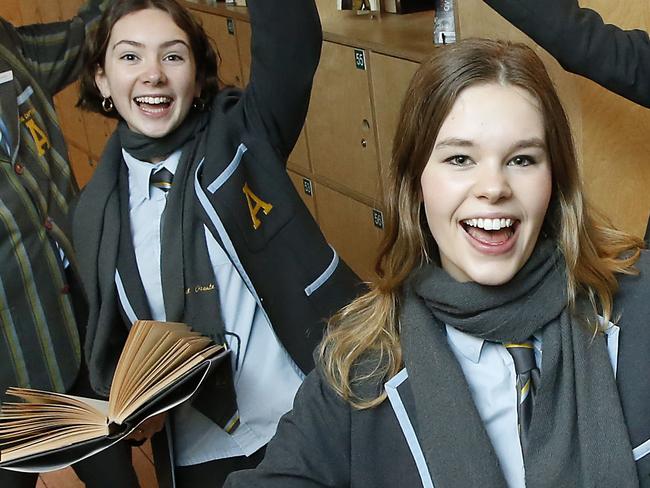 Students at Albert Park College looking forward to getting their VCE results through the Herald Sun VCE planner being published in the paper. Year 12 students Oscar 18, Olivia 17 Lily 17, Eloisa 17, Ginger 17 and Ted 18.     Picture: David Caird