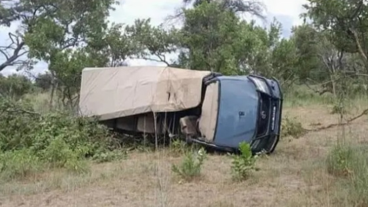 The truck seen toppled over after the elephant attack. Picture: X/ginnydmm