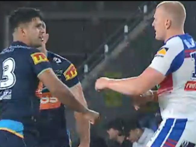 Tyrone Peachey and Mitch Barnett argue after the alleged racial slur.