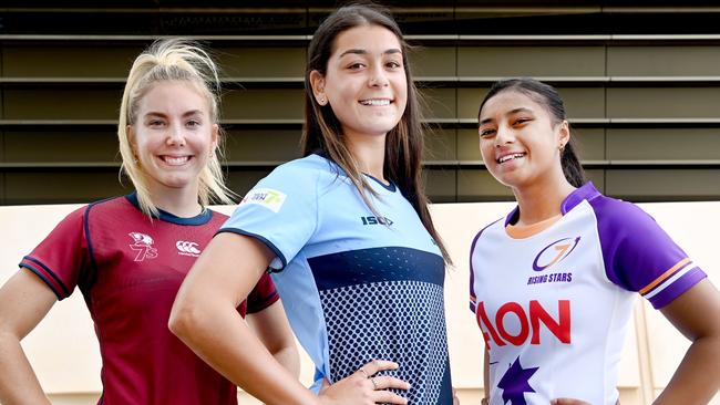 (LtoR) Sophie Duff, Milla Elaro, and Fatal Moleka at the Rugby Sevens launch.