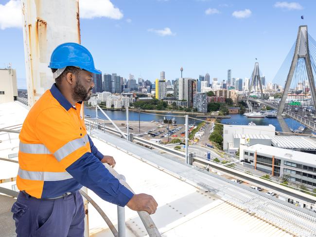 The Daily Telegraph Wednesday 5 February 2025Glebe Island SiloTerminals Operation Lead Olufemi Adeyemi at the top of Glebe island cement siloÃs. PictureThomas Lisson