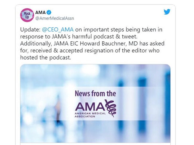 The tweet sent by the US American Medical Association about the exit of the deputy editor of its journal.