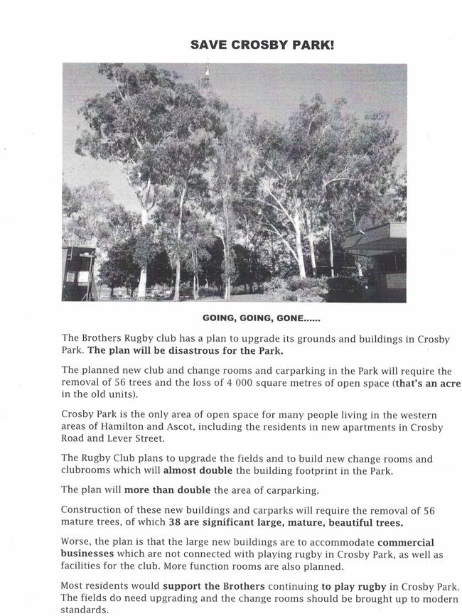 This flyer was circulated before the Brothers Rugby Club redevelopment proposal community consultation session. PICTURE: SUPPLIED