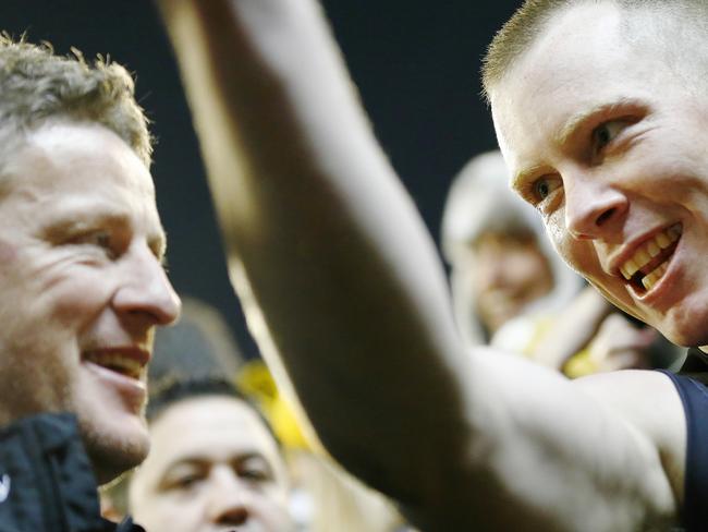 Damien Hardwick and Jack Riewoldt after the win over Essendon. Picture: Wayne Ludbey.