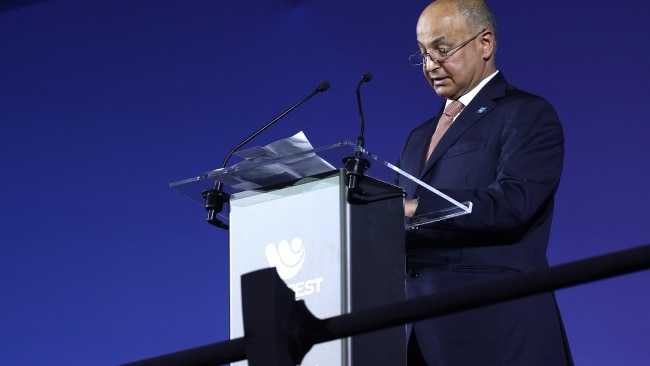FINA President Husain Al-Musallam hands down the decision to ban transgender athletes unless they meet a strict criteria. Picture: Tom Pennington/Getty Images