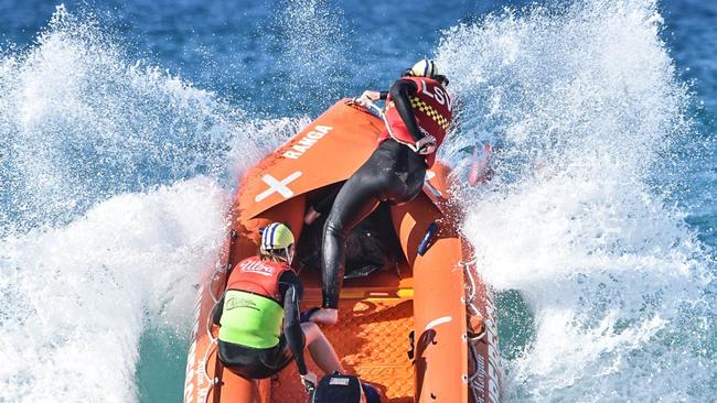 Australian Surf Life Savers in action on an inflatable rescue boat (IRB). Picture: File