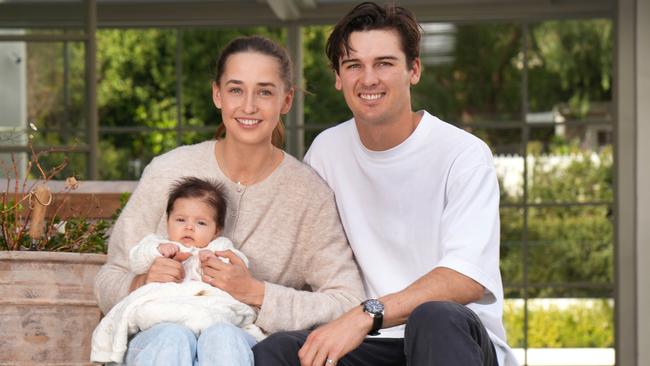 Connor Rozee, his fiance Maisie and daughter Audrey will enjoy their first Father’s Day this Sunday.. Picture: Dean Martin.