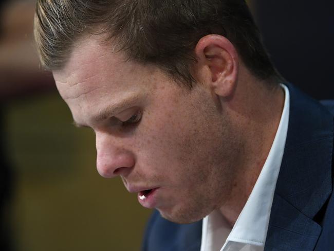 Former Australian cricket captain Steve Smith fought back tears during his address. Picture: AAP Image/David Moir.