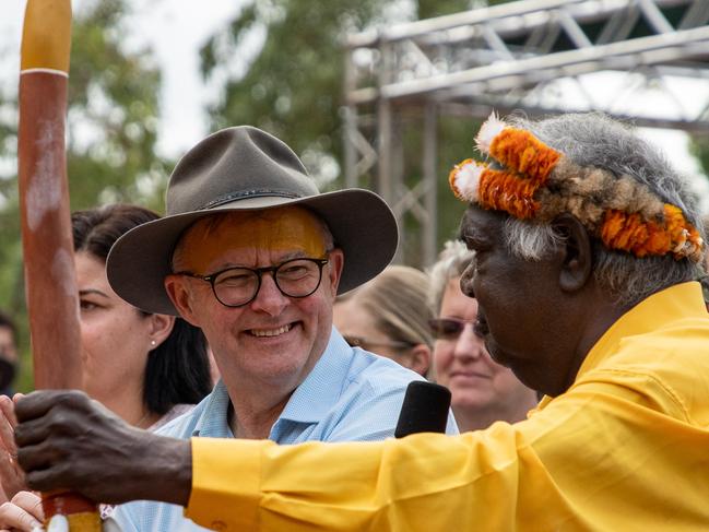 GARMA opening ceremony this evening. Gumatj clan dancers perform bunggul (ceremonial dance) for the PM Anthony Albanese, before presenting him with a Bathi. Picture - Nina Franova