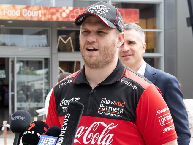 ADELAIDE/ KAURNA YARTA, AUSTRALIA - NewsWire Photos NOVEMBER 14, 2023: Supercars Championship leader Brodie Kostecki speaks to media at Elizabeth City Centre ahead of the Adelaide 500. Picture: NCA NewsWire / Morgan Sette