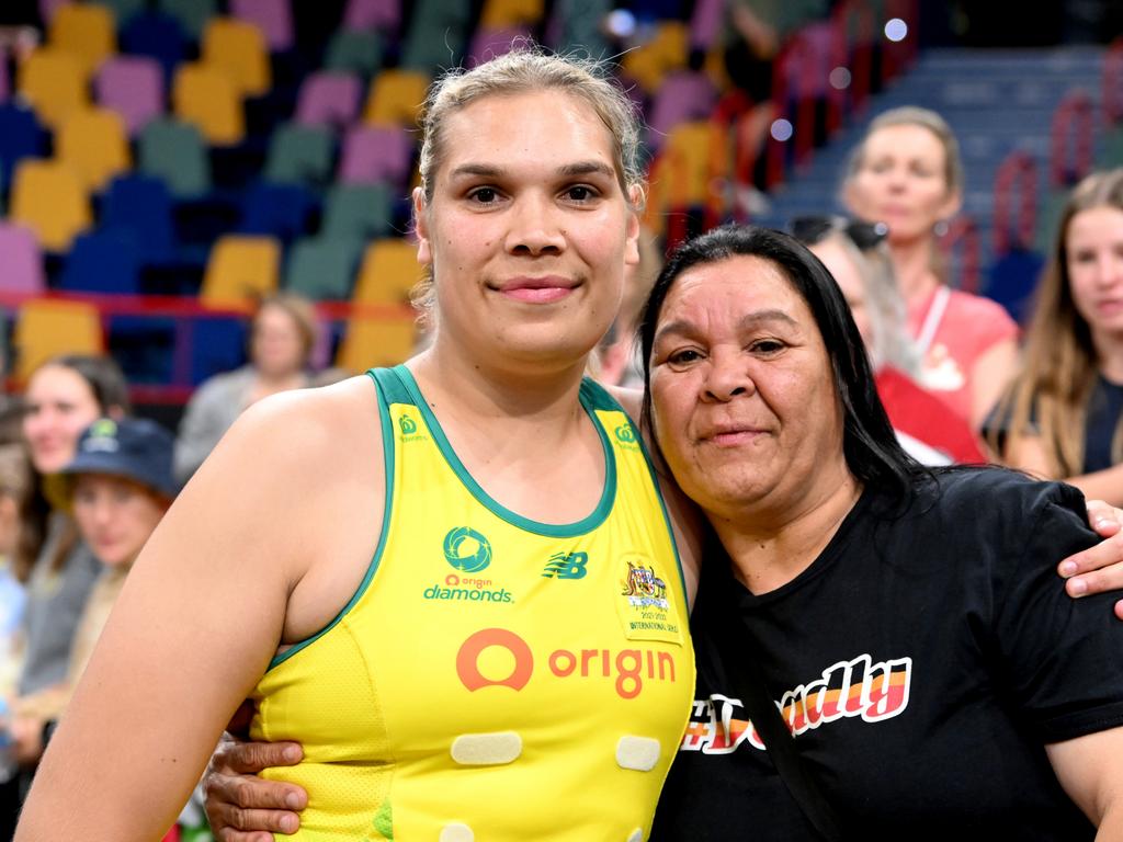 Donnell Wallam of Australia poses for a photo with her Mother Donna after game three of the International Test Match series between the Australia Diamonds and England Roses.