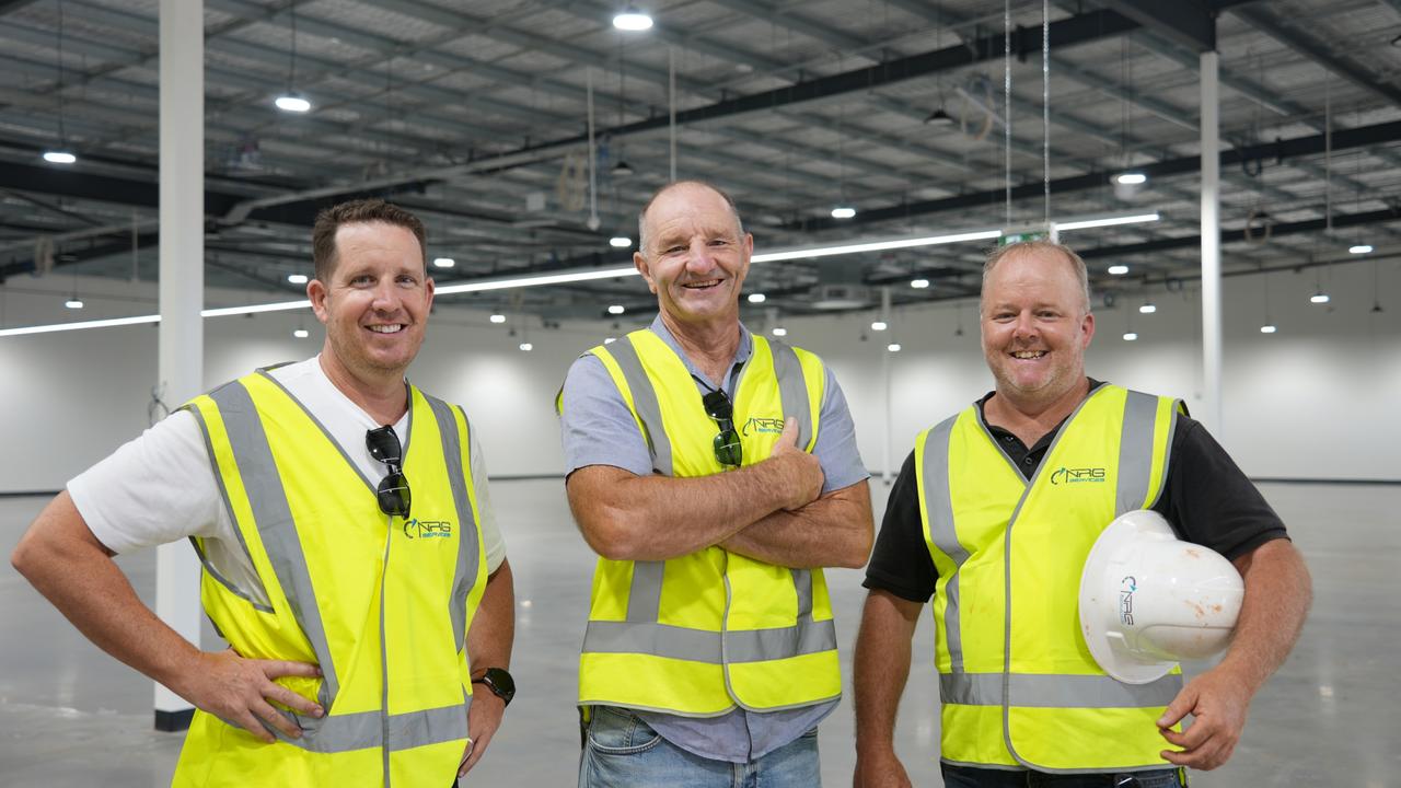 Overseeing the construction of Toowoomba's new $30m Officeworks precinct, which includes new drive-through outlets Starbucks and KFC, are (from left) developers Daniel Cooper and Rob Weymouth and NRG Services project manager Mick Cummings.