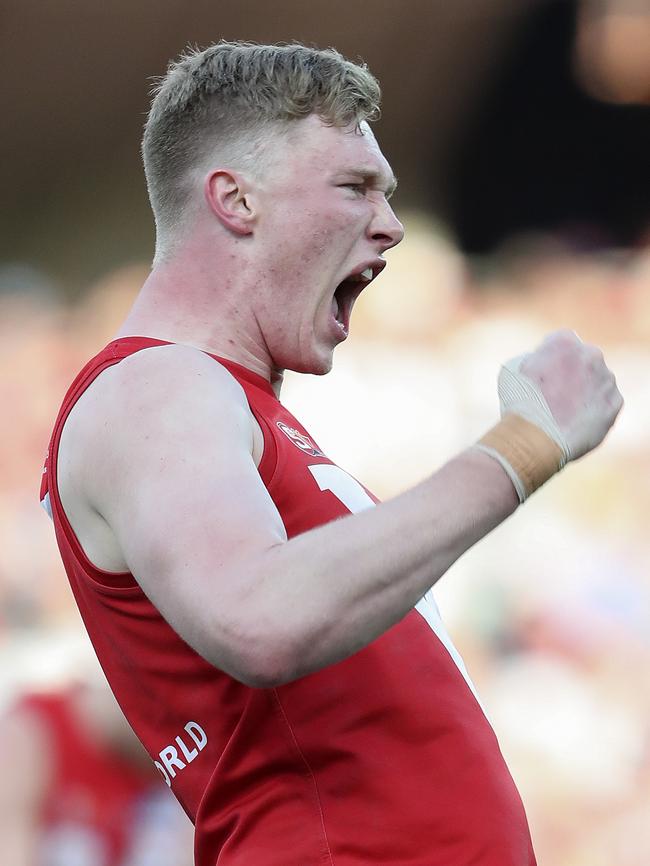 Barns celebrates one of his four goals in the 2018 SANFL grand final. The 201cm big man booted 120 majors in 102 SANFL games and led North’s goalkicking in 2016, 2017 and 2019. Picture: Sarah Reed