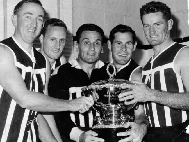 From left: Neville Hayes (playing in his twelfth year after 94 games); Peter Obst (tenth year, 140 games); coach Fos Williams (fourteenth year, 206 games, including matches played with West Adelaide); Bob Fabian (tenth year, 104 games); and Geof Motley (twelfth year, 202 games).