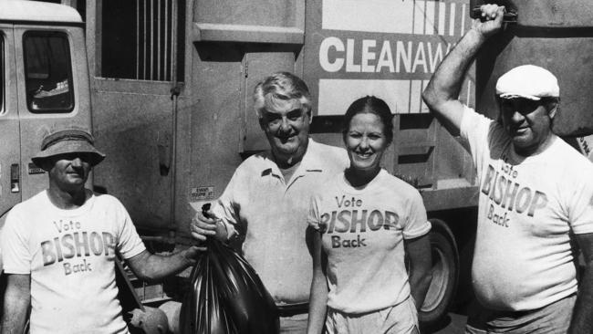 Former alderman Bruce Bishop (centre) on the campaign trail in the 1970s