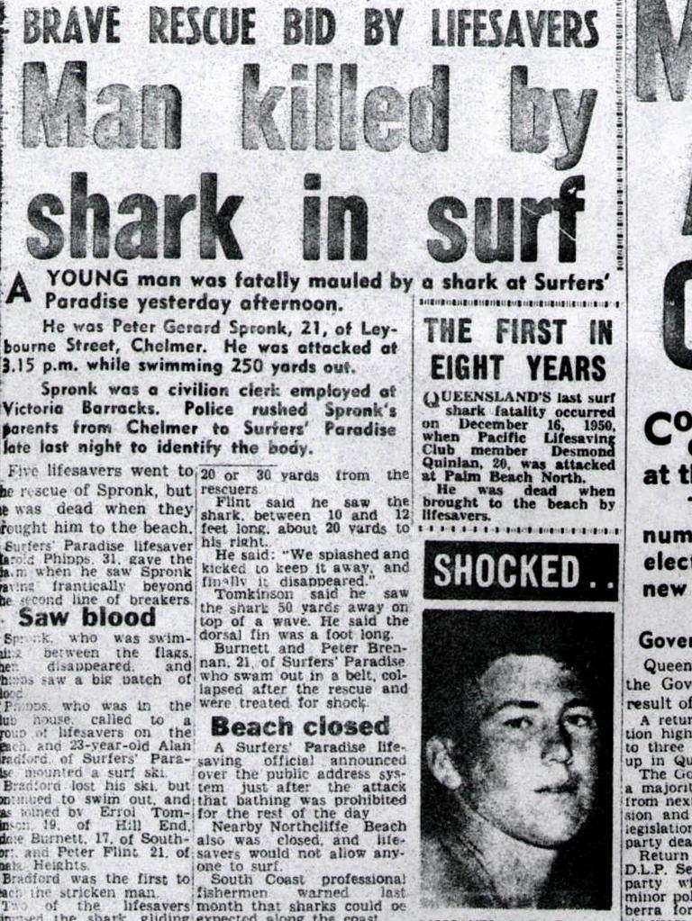 A front-page story about the death of Peter Gerard Spronk, 21, who was fatally attacked by a shark in 1958.