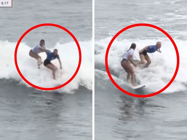 A rival surfer tries to push Aussie Willow Ryder off her board.