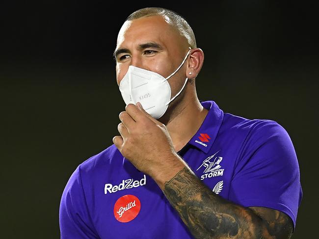 SUNSHINE COAST, AUSTRALIA - AUGUST 12: Nelson Asofa-Solomona of the Storm is seen ahead the round 22 NRL match between the Melbourne Storm and the Canberra Raiders at Sunshine Coast Stadium, on August 12, 2021, in Sunshine Coast, Australia. (Photo by Albert Perez/Getty Images)