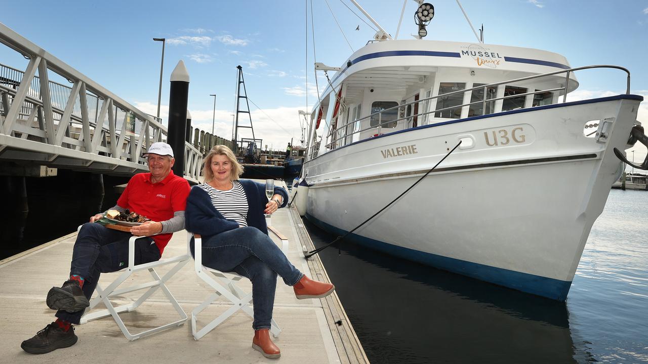 Portarlington Mussel Tours owners Lance Wiffen and Lizzie Franklin on-board 