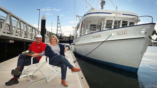 Portarlington Mussel Tours owners Lance Wiffen and Lizzie Franklin on-board 
