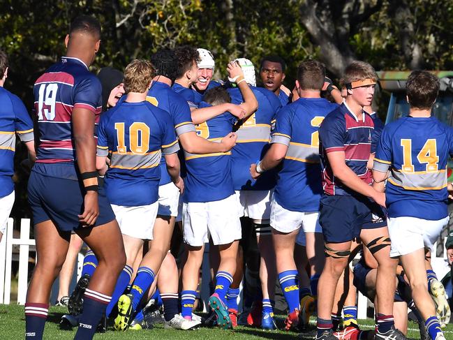 Churchie players celebrate a try.First XV rugby union between home team Churchie and TSS.Saturday July 24, 2021. Picture, John Gass