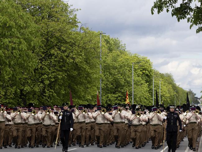 Members of the Household Division take part in the rehearsal of the tri-service military accompaniment to the Coronation of King Charles III and Queen Camilla at Aldershot Barracks on April 28, 2023 in Aldershot, England. Picture: Dan Kitwood/Getty Images