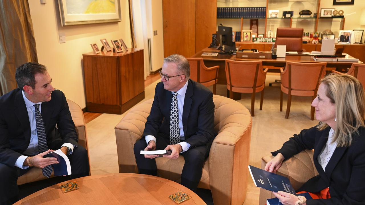 Prime Minister Anthony Albanese, Treasurer Jim Chalmers and Finance Minister Katy Gallagher. The government are focused on budget repair but also are keeping one eye on the next election. Picture: NCA NewsWire / Martin Ollman