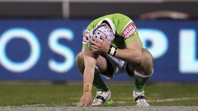 Jarrod Croker after missing a decisive penalty goal during a sudden death semi-final against the Tigers in 2010.