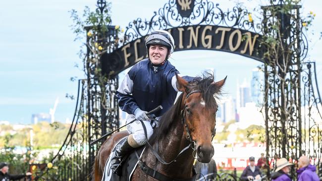 Alana Kelly returns to the mounting yard on Point Nepean (IRE) after winning the Lexus Andrew Ramsden at Flemington Racecourse on May 14, 2022 in Flemington, Australia. (Brett Holburt/Racing Photos via Getty Images)