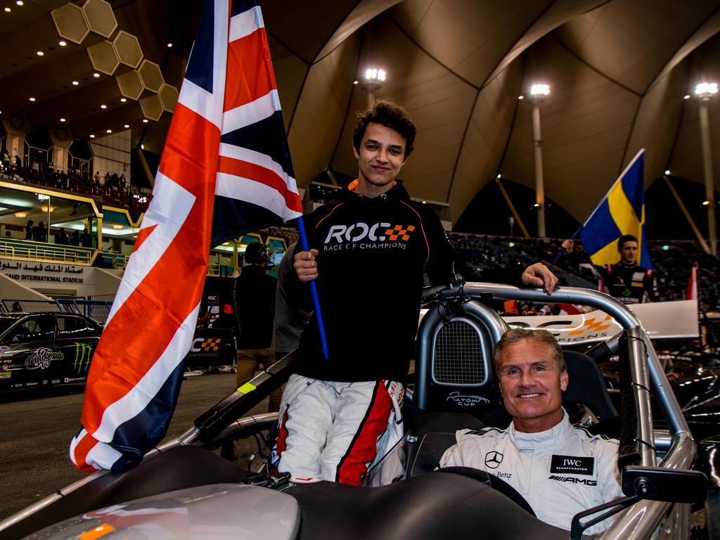 Lando Norris and David Coulthard of Team Great Britain during the ROC Nations Cup in 2018.